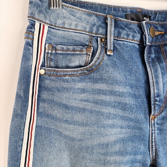 AQUA Retro Side Stripe Y2K Raw Distressed Hem Skinny Jeans - Picture 3 of 6